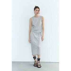 NWT Zara metallic fibre silver wrinkle effect crinkle high waist midi skirt, S
